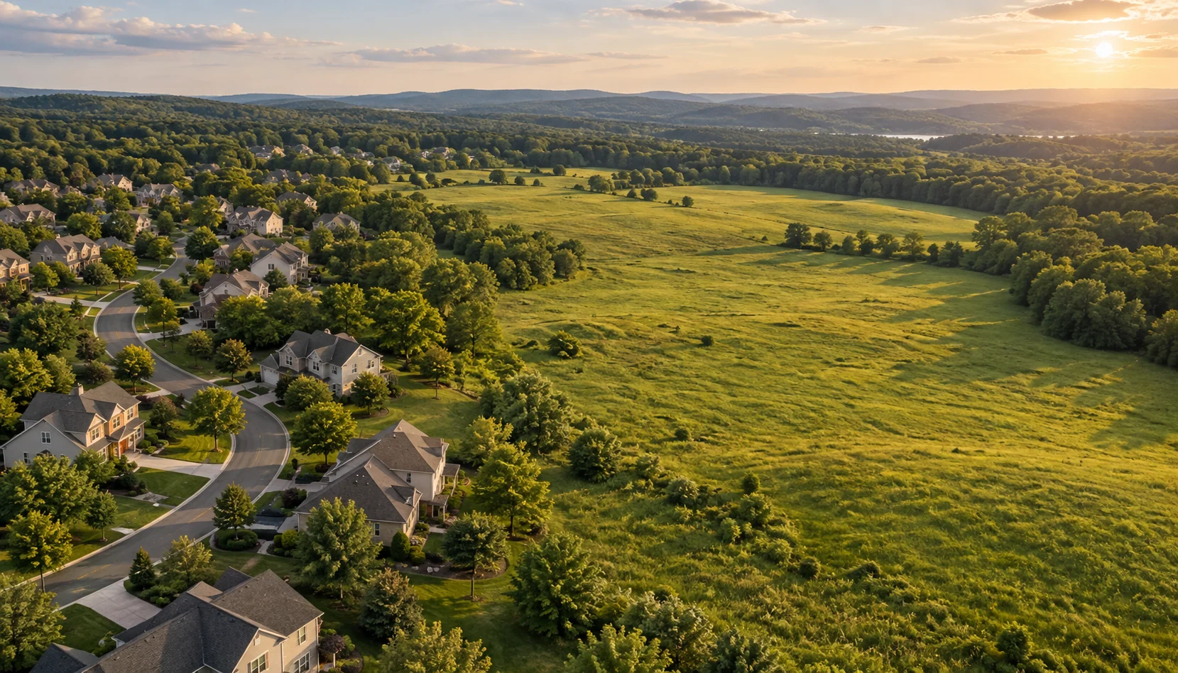 Aerial illustration with homes on the left and open vacant land on the right.